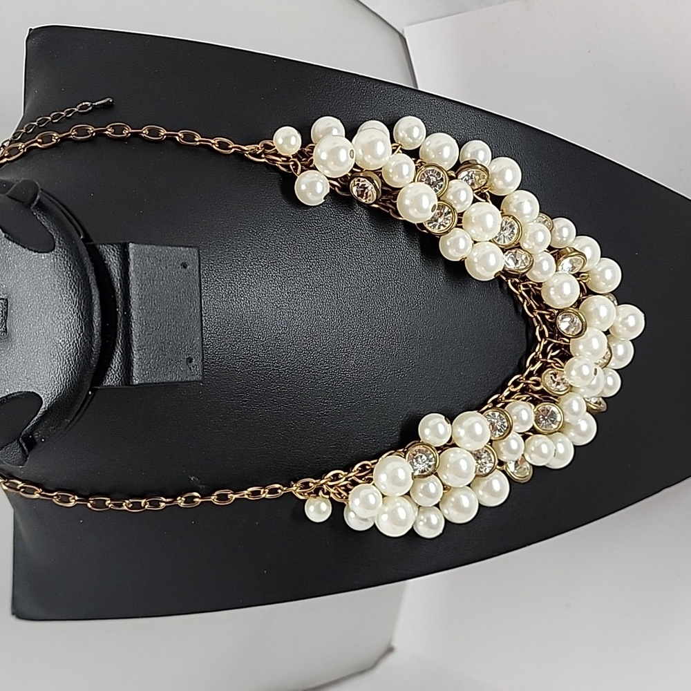 Faux Pearl & Rhinestone Bronze Tone Netted Statement Necklace